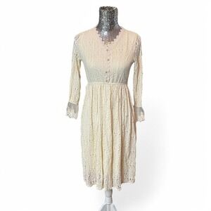 Cottagecore Prairie Lace Midi Dress Romantic Feminine Soft Dainty Modest XS